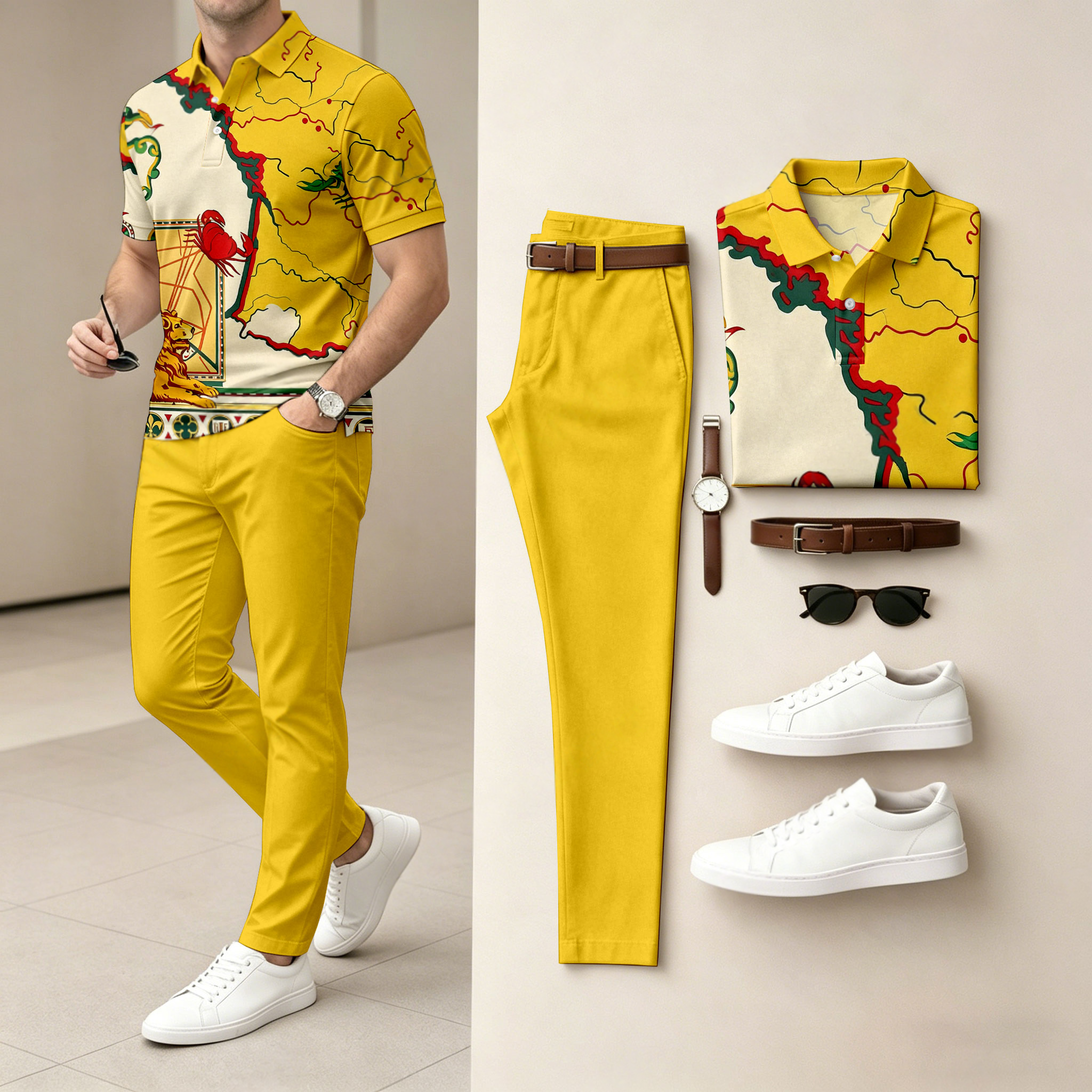 Camisa polo casual Color-Blocked Lobster-estampado de manga corta And pantalón Set (Excludes Accessories Such As Watches And Belts) para hombre