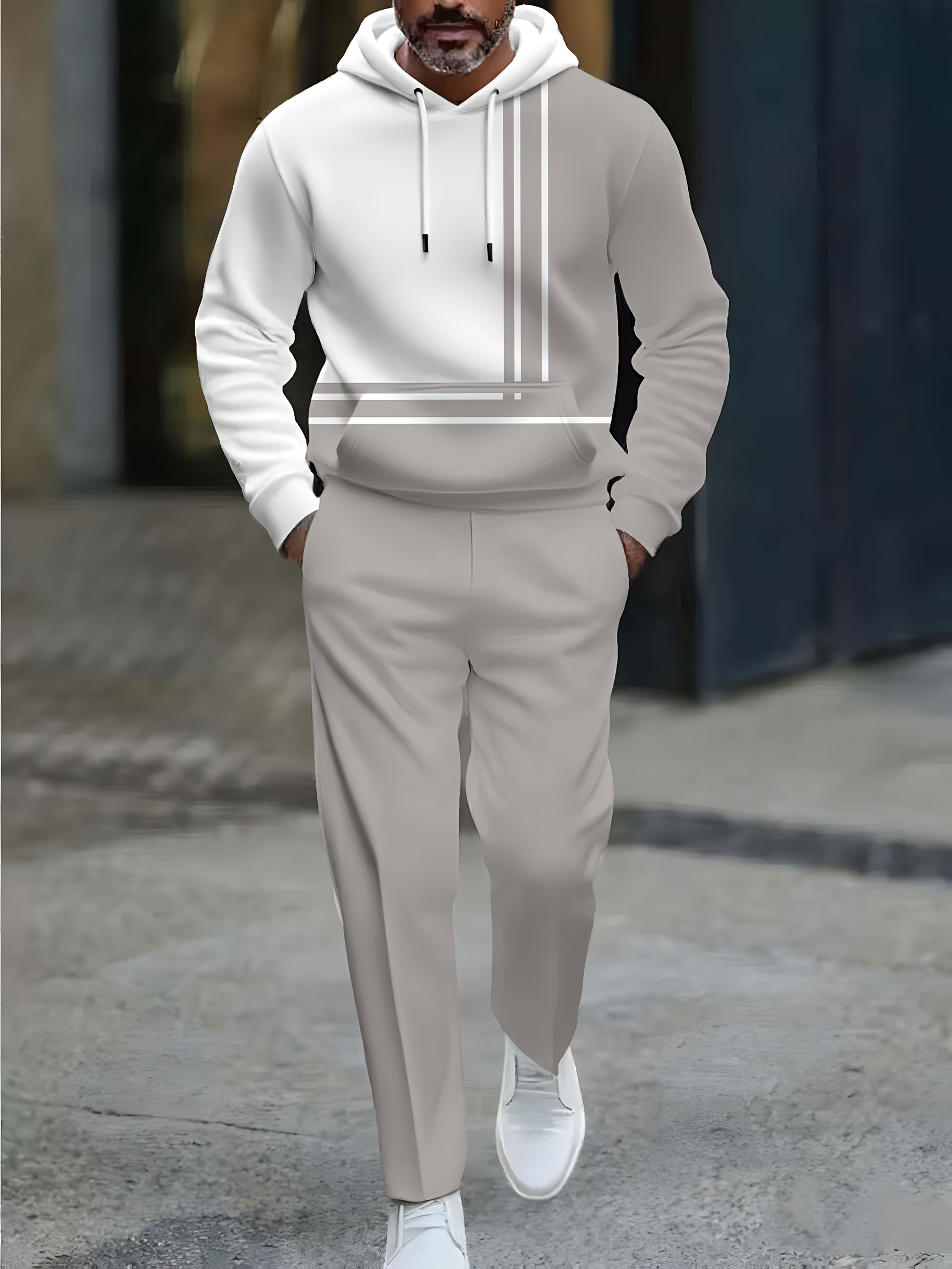 Conjunto de dos piezas casual Color Matching estampado Hooded de manga larga Trousers para hombre
