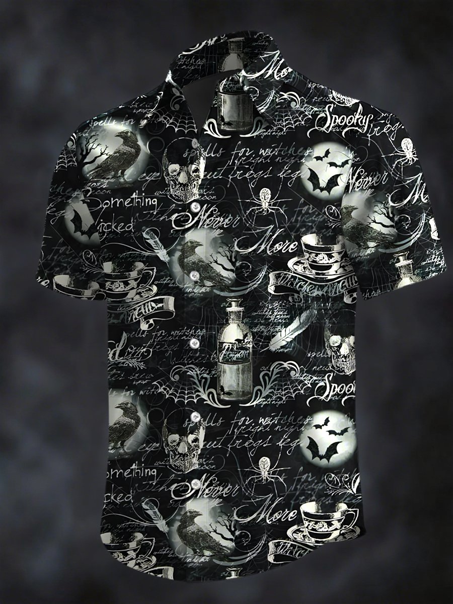 Camisa retro Horror Skull estampado solapa de manga corta para hombre