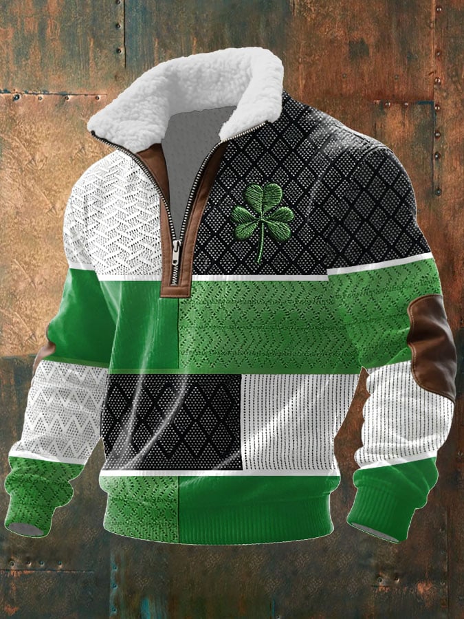 Sudadera vintage St. Patrick's Day estampado de manga larga With Fur cuello para hombre