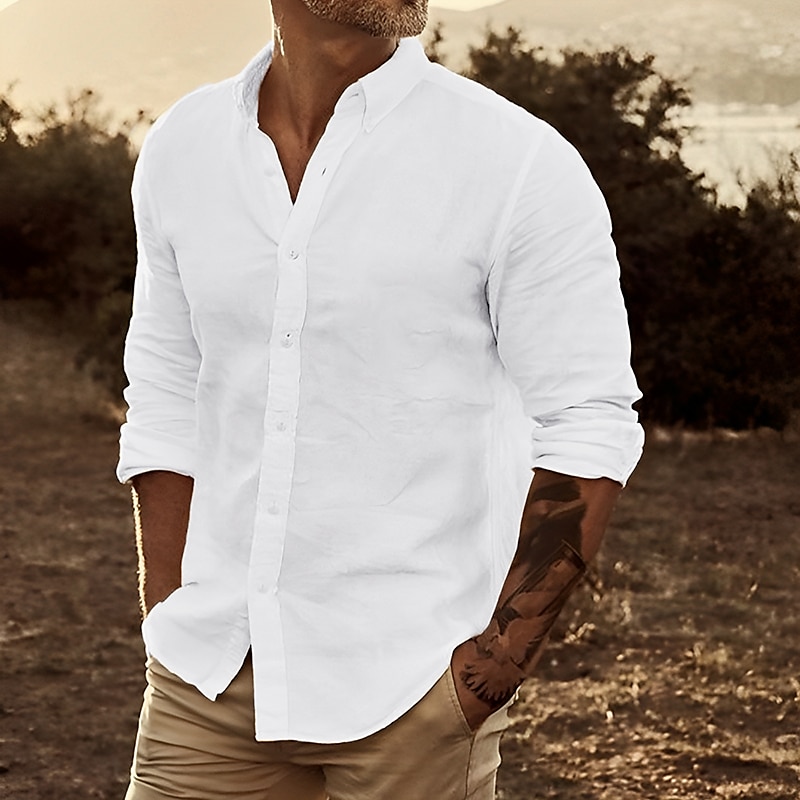 Camisa de lino Summer camisa Beach Wear Button Up camisa Plain casual para uso diario White Yellow Pink Blue de manga larga solapa Spring & Summer Clothing Apparel Front bolsillo para hombre - vista 6