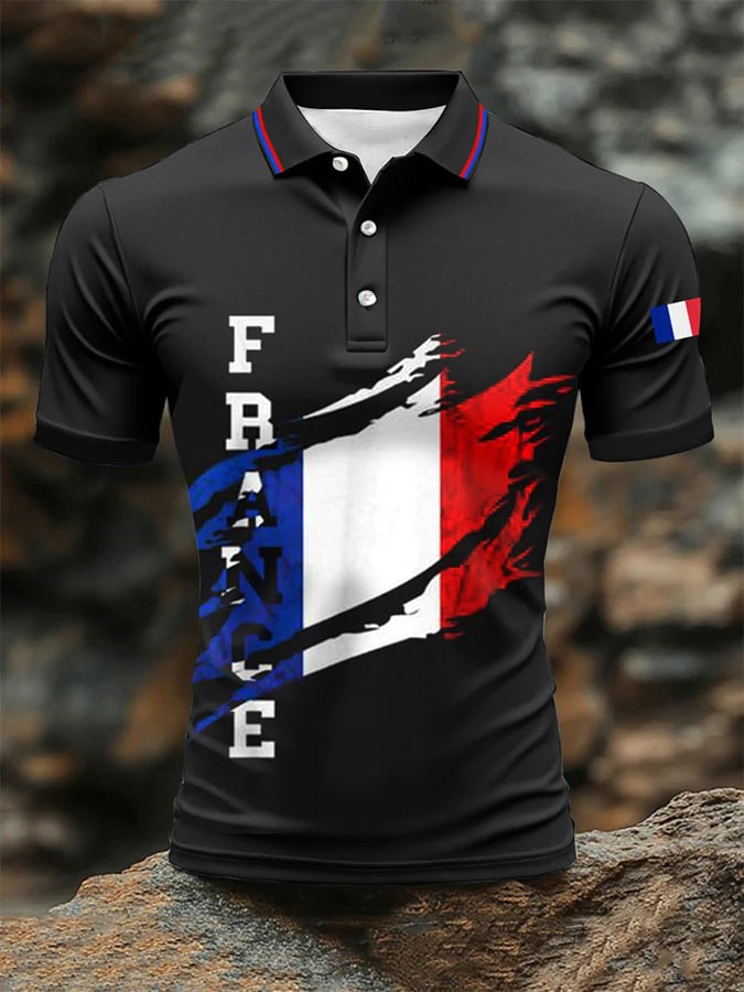 Camisa polo de manga corta French Color-block Art estampado Button para hombre