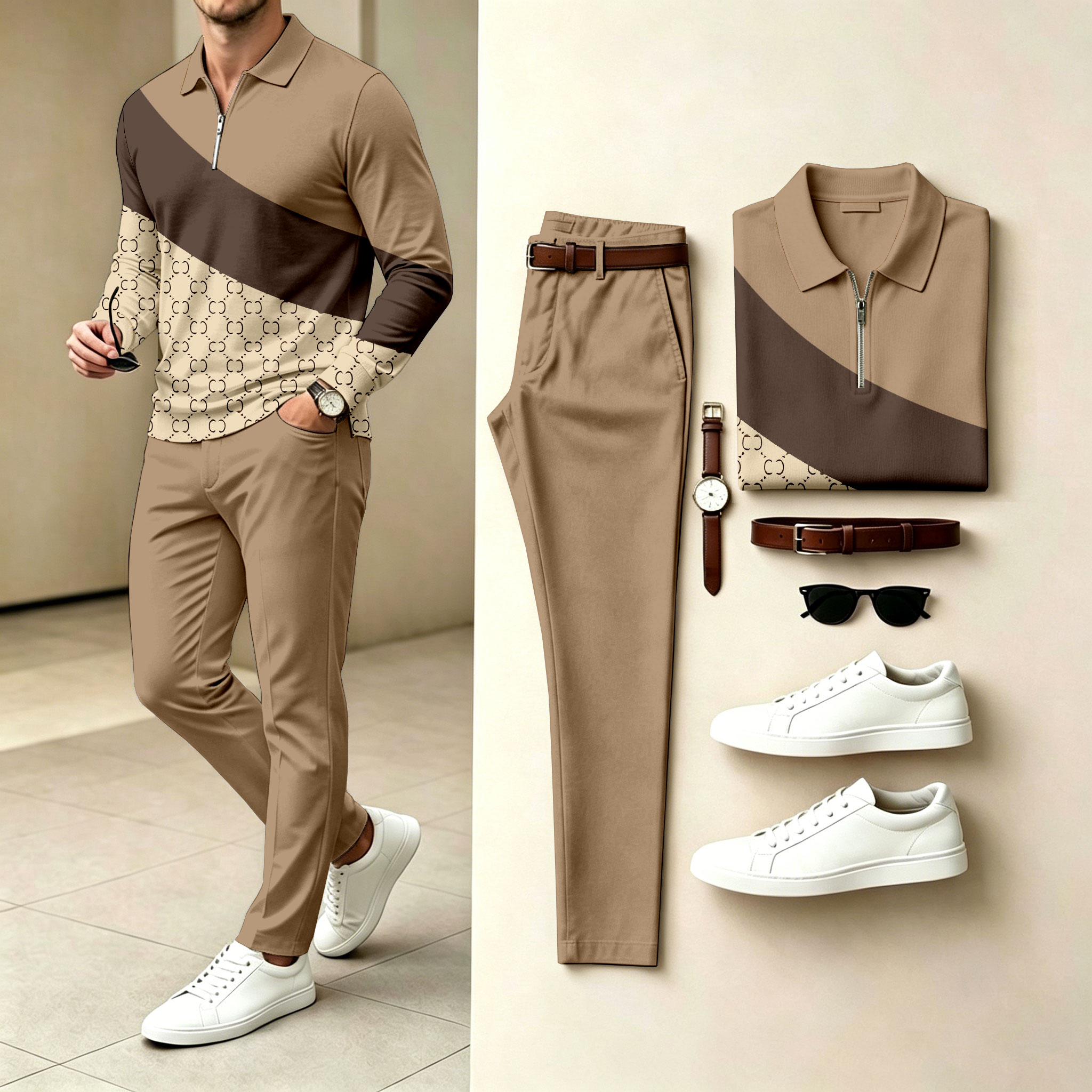Conjunto de dos piezas : Patchpara trabajo Polo-Collar Zipper de manga larga camisa and pantalón para hombre