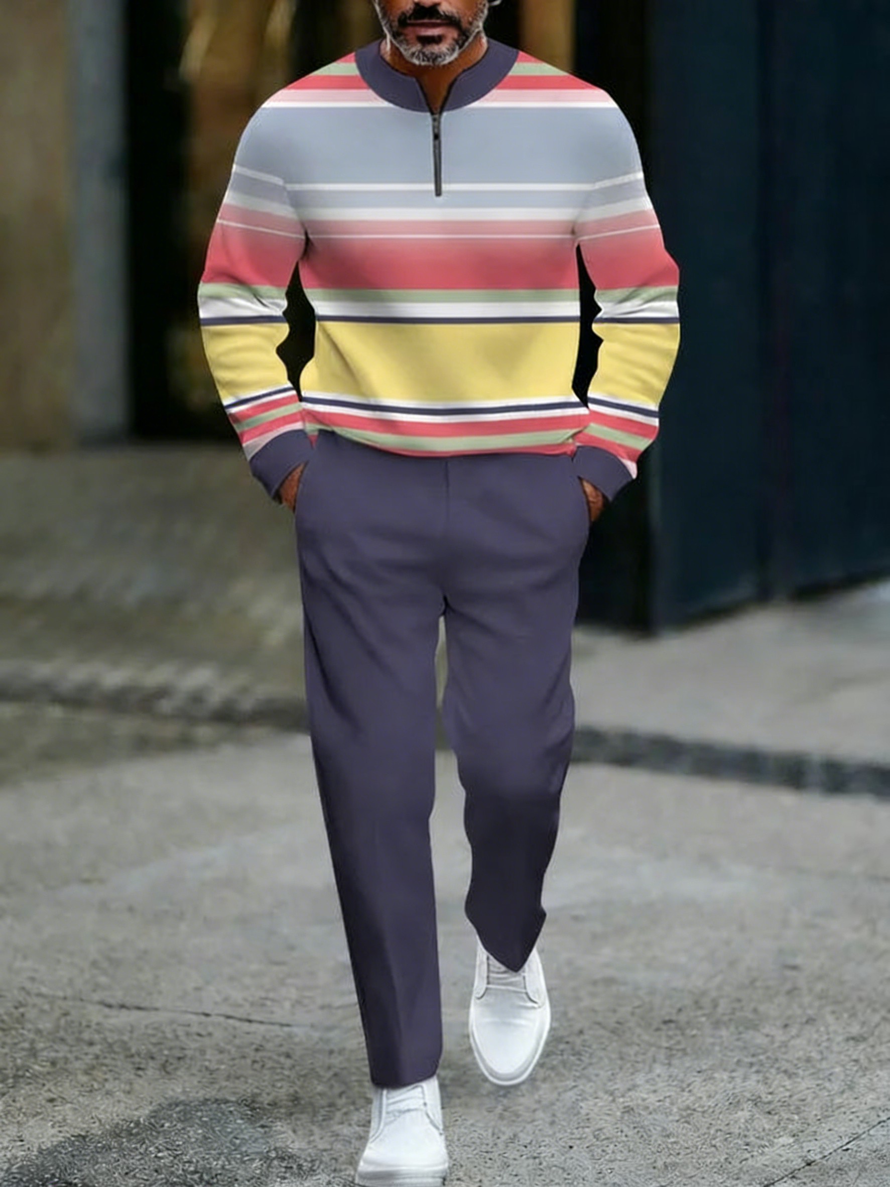 Conjunto de dos piezas casual Purplr & Multi Color Matching degradado a rayas estampado Round-Neck cierre de manga larga Tops & Trousers para hombre