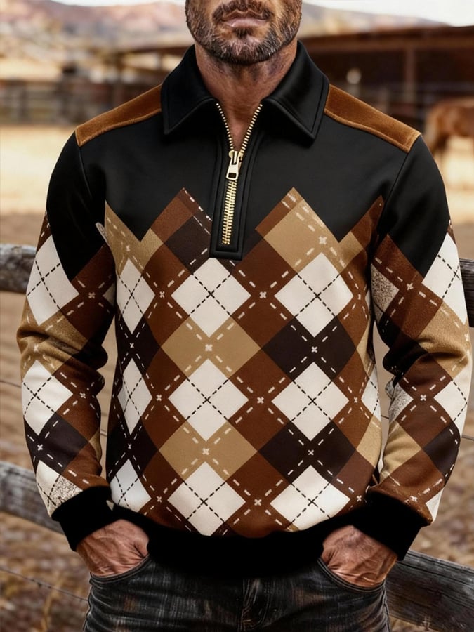 Sudadera retro en bloques de color estampado cierre para hombre