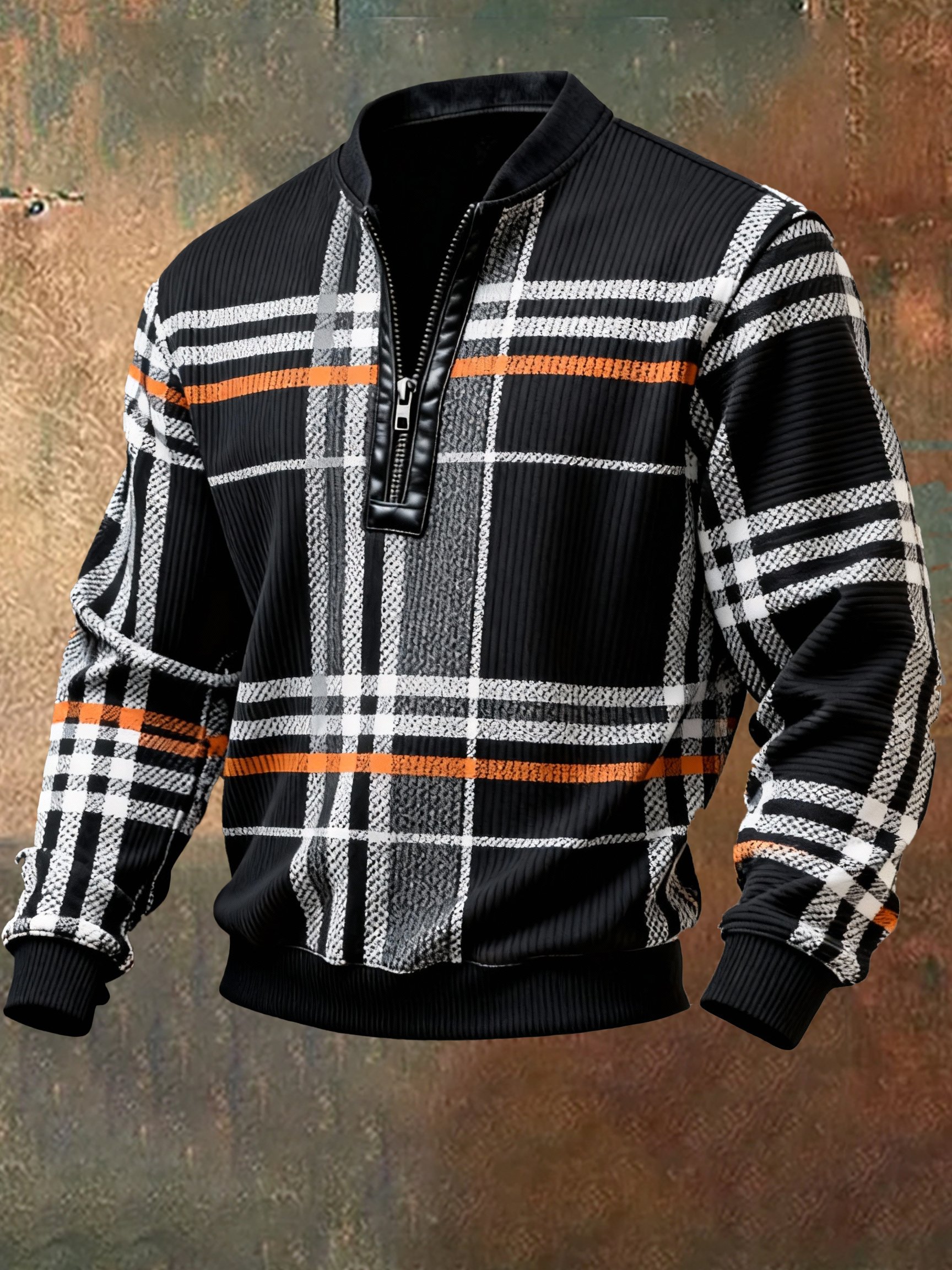 Sudadera casual retro Contrast Color Half Zip Stand cuello de manga larga para hombre