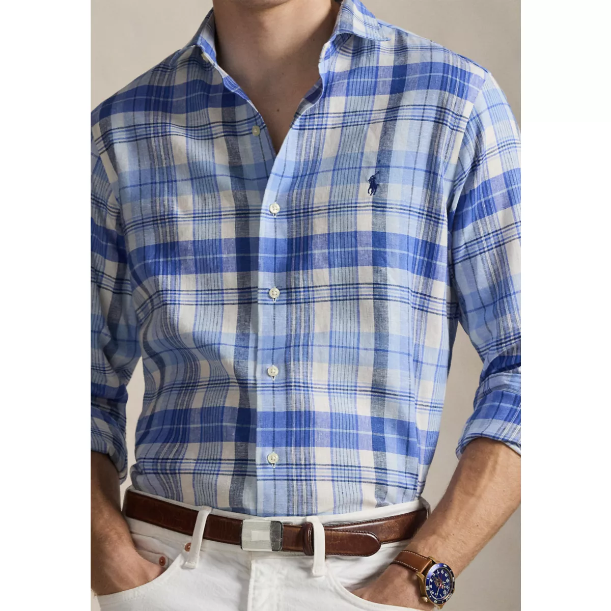 Classic Fit Plaid Linen-Blend Shirt - 3