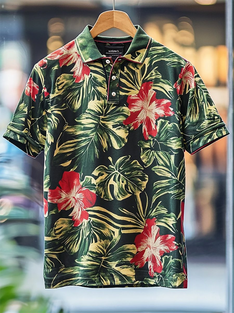 Camisa polo casual Festive floral estampado Button de manga corta para hombre