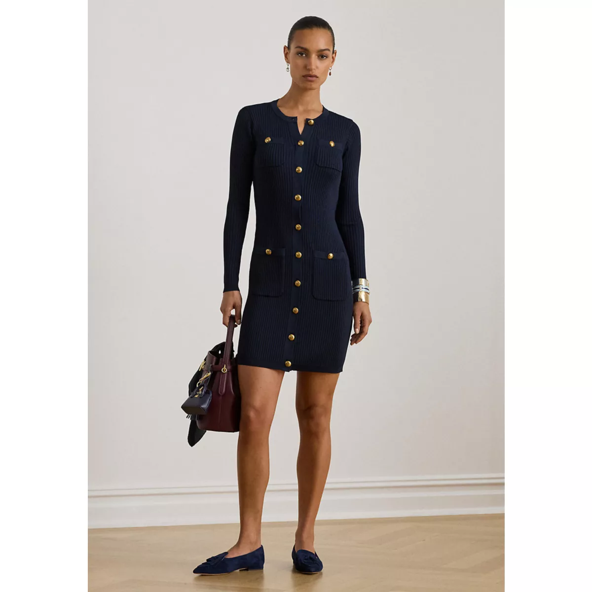 Women's Button-Trim Rib-Knit Sweater Dress - 1