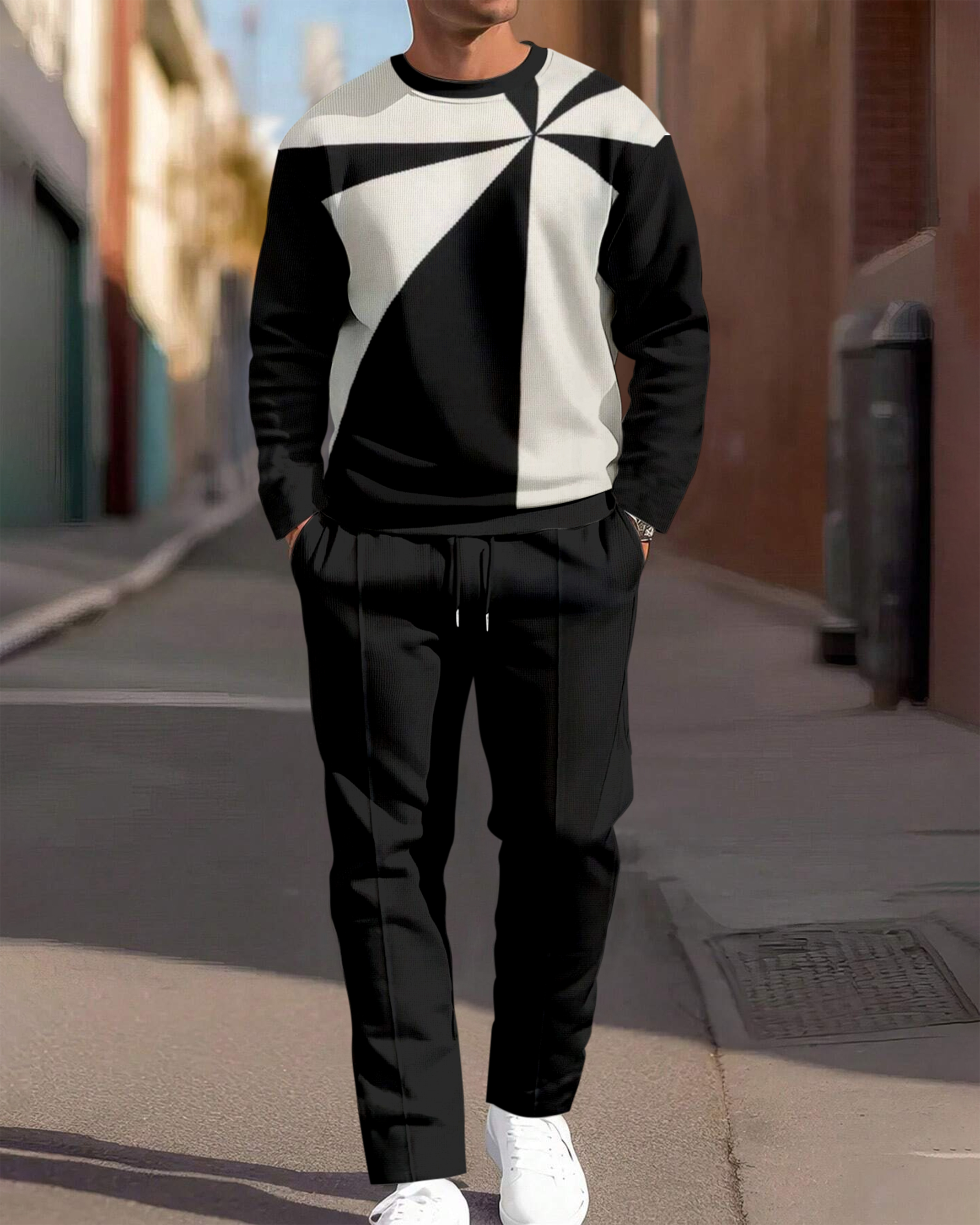 Simple Colorblock Round Neck casual Sports Set 060 para hombre