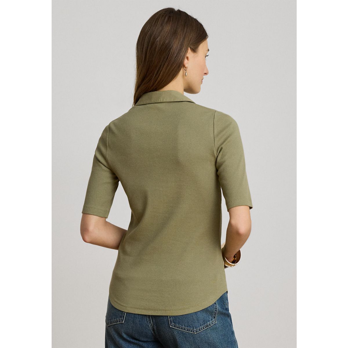 Rib-Knit Elbow-Sleeve Collared Top - 2