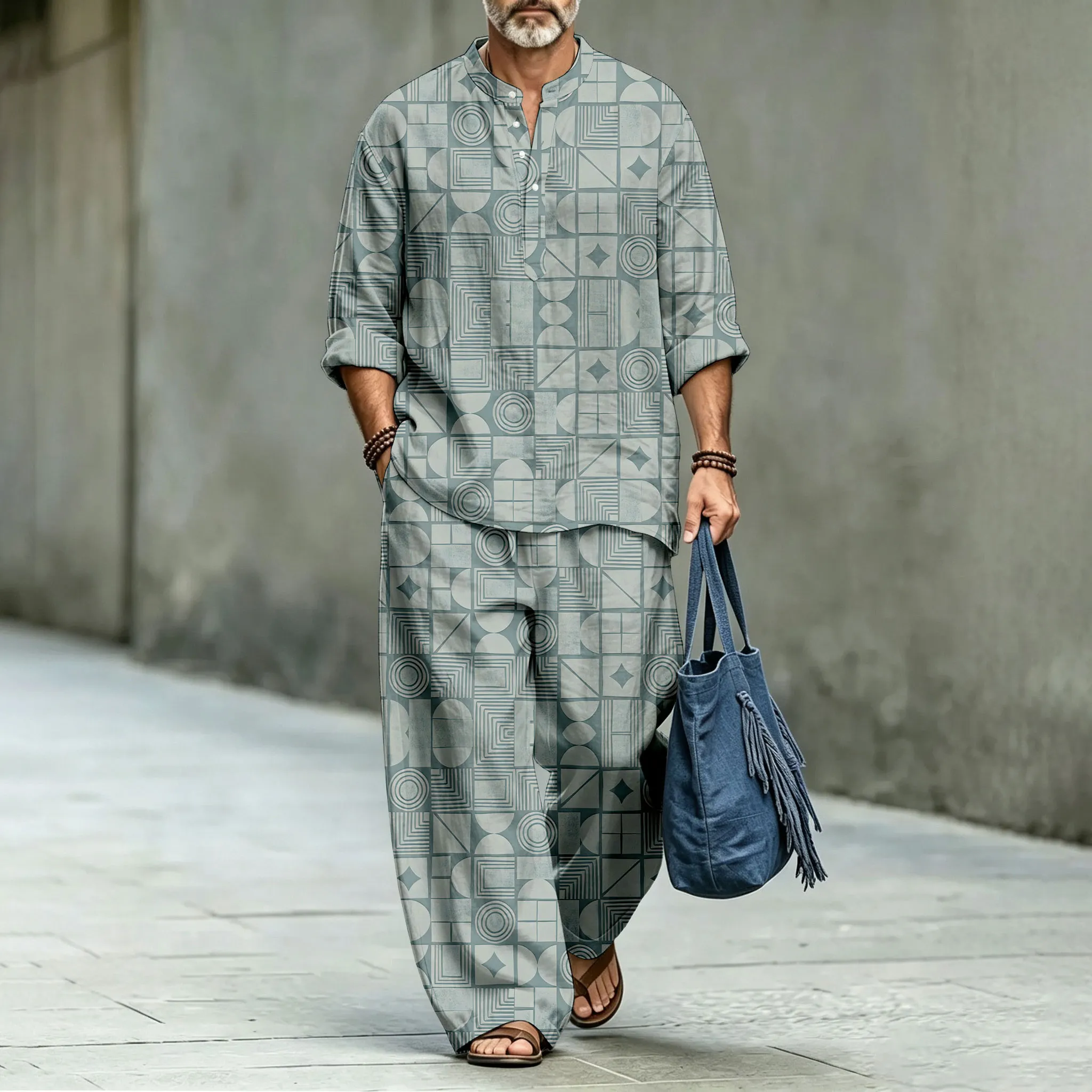 para hombre Geometric Color-Block Stand-Collar camisa polo and Long pantalón Two-Piece Suit Set