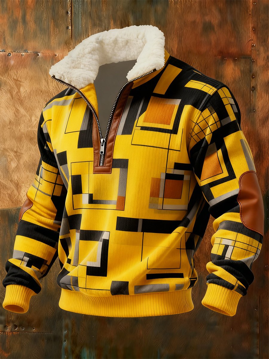 Sudadera retro geométrico Quarter Zip polar Neck para hombre