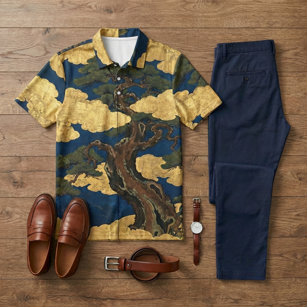 Conjunto de dos piezas casual Japanese Cuban Style estampado de manga corta camisa polo And Trousers para hombre