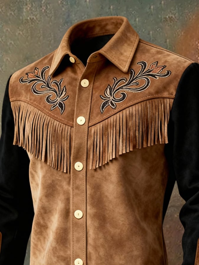 Camisa vintage Patchpara trabajo Color-Block gamuza de manga larga With Tassels para hombre