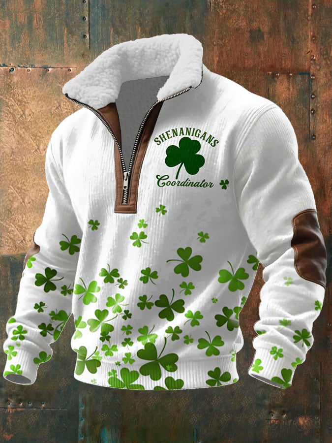 Sudadera vintage St. Patrick's Day estampado de manga larga With Fur cuello para hombre