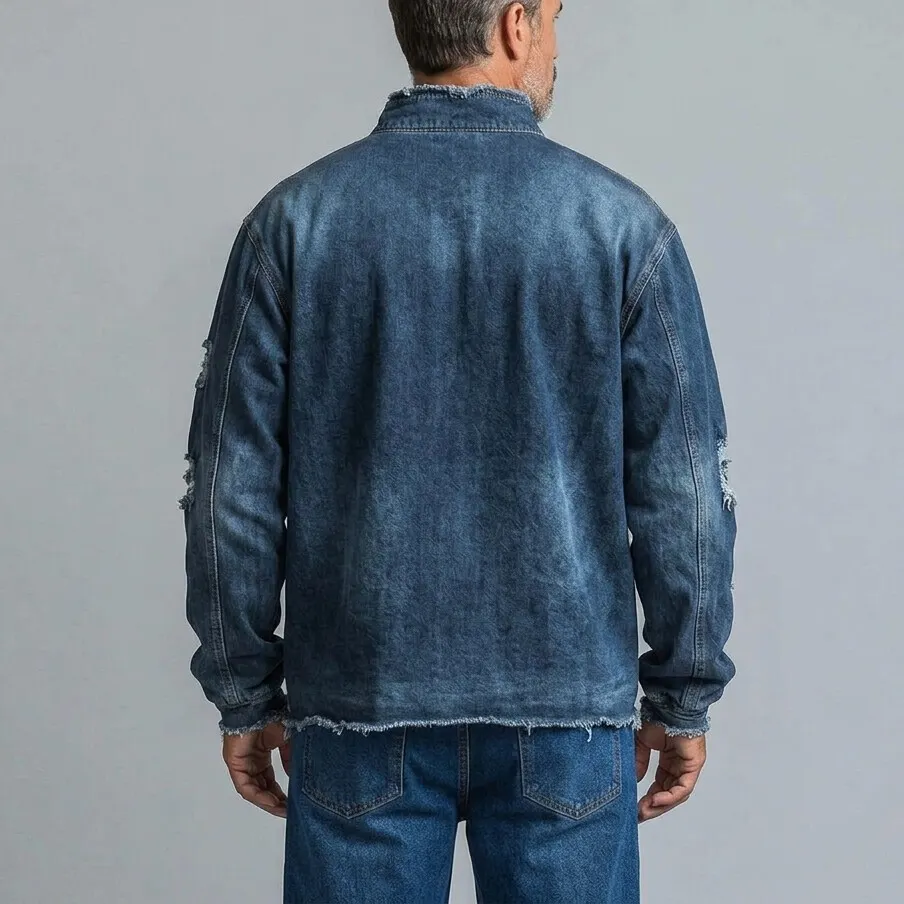 para hombre vintage Stand Collar Half Zip Chest Pocket Frayed Hem de manga larga Pullover Denim Sweacamiseta