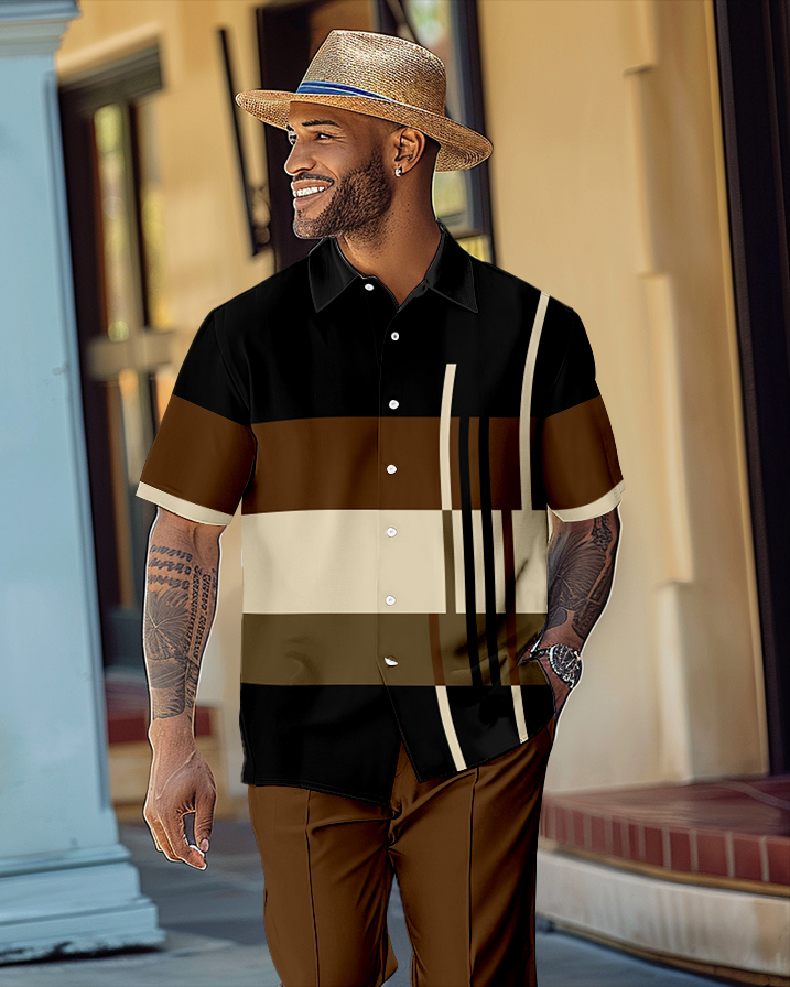 Camisa retro Colorblock de manga corta Walking Suit 1574 para hombre
