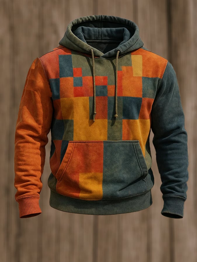 Sudadera retro desgastado en bloques de color estampado casual de manga larga para hombre