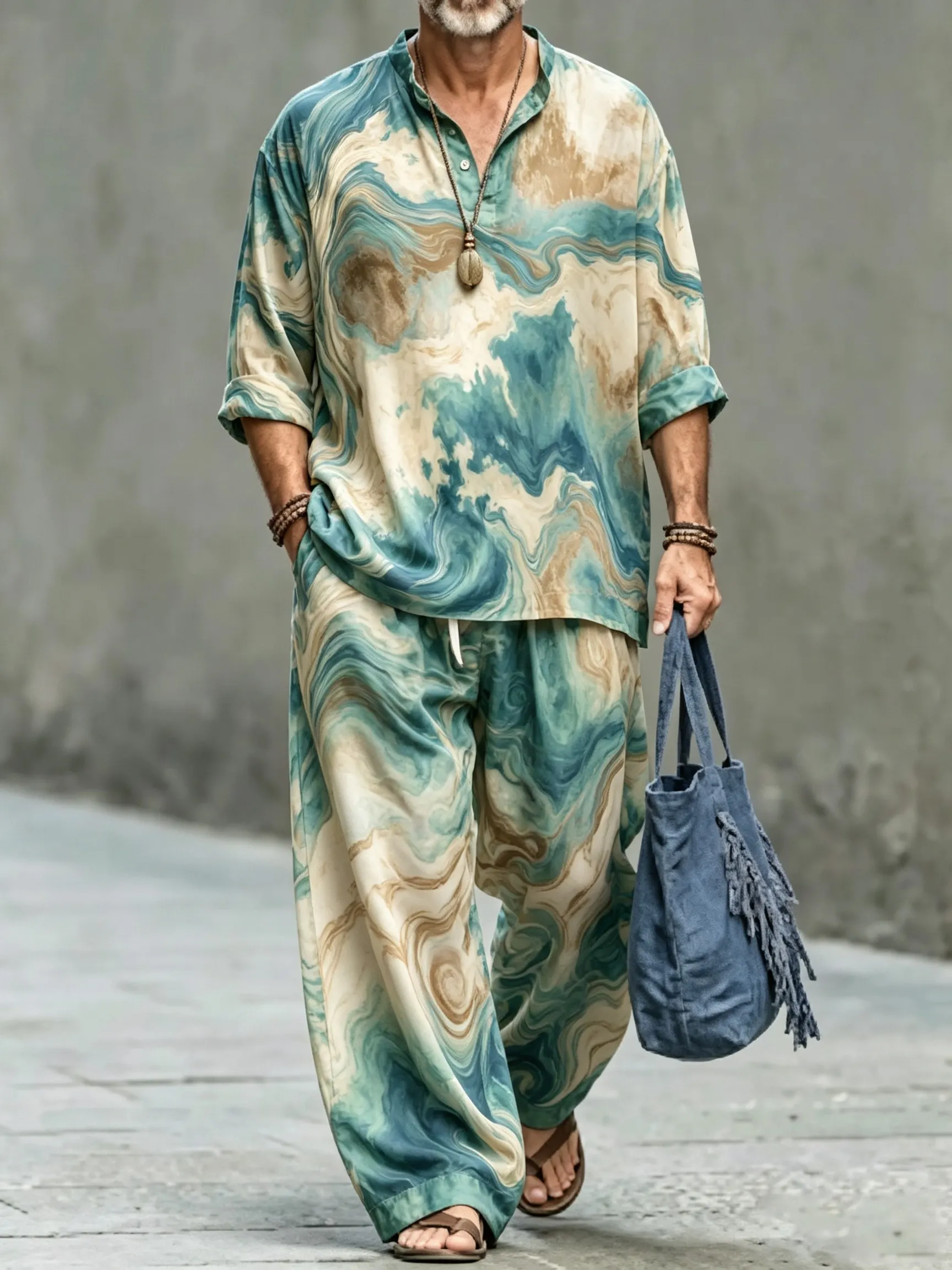 para hombre vintage Abstract Art estampado de algodón camisa Set (Top & pantalón)