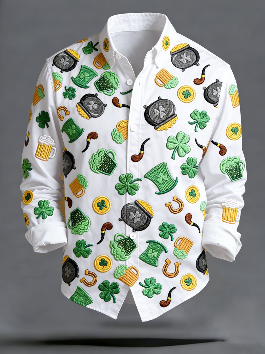 Camisa de lujo St. Patrick's Day Carnival estampado de manga larga para hombre