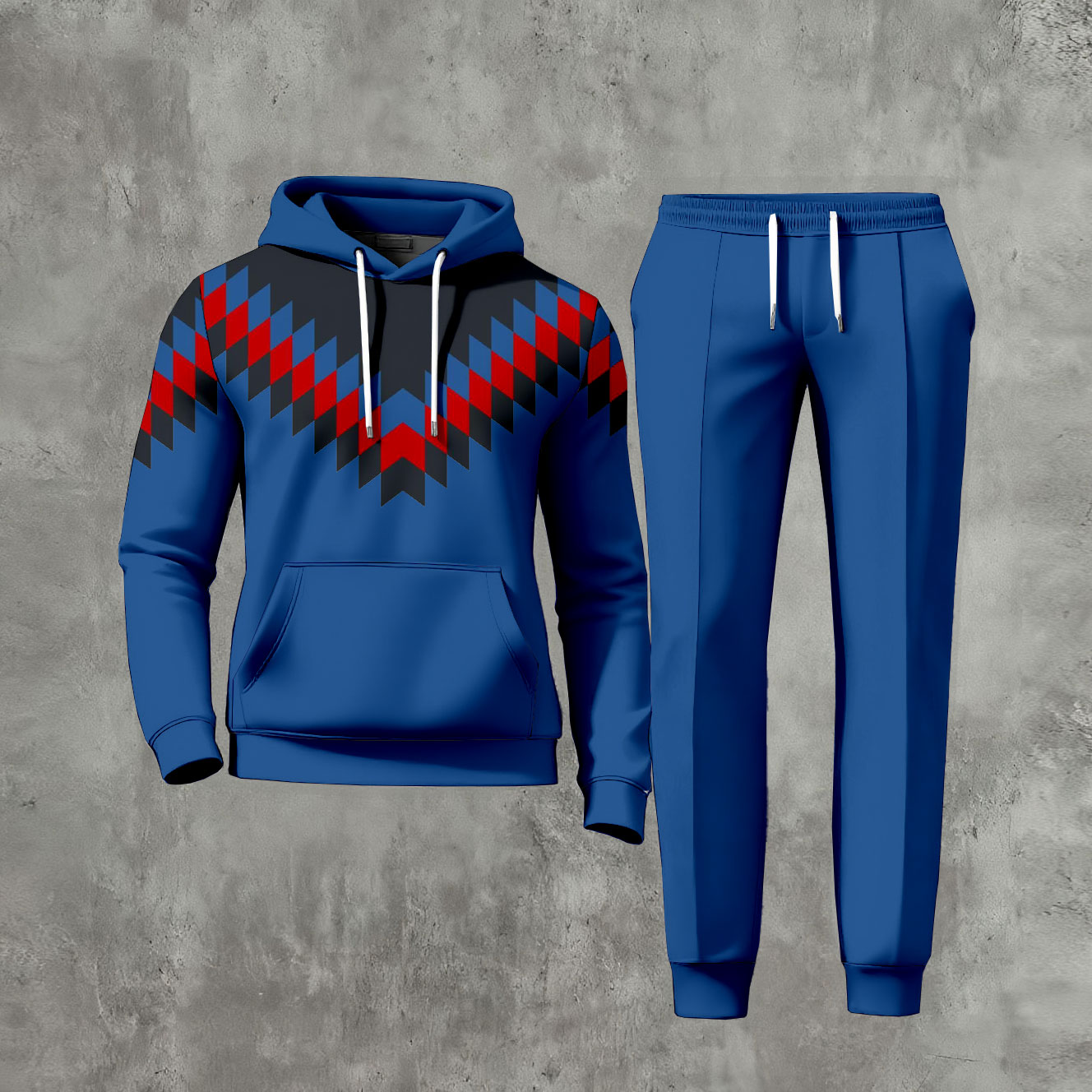 Conjunto de dos piezas casual Color Matching estampado de manga larga sudadera con capuchas sudadera & Trousers Navy para hombre