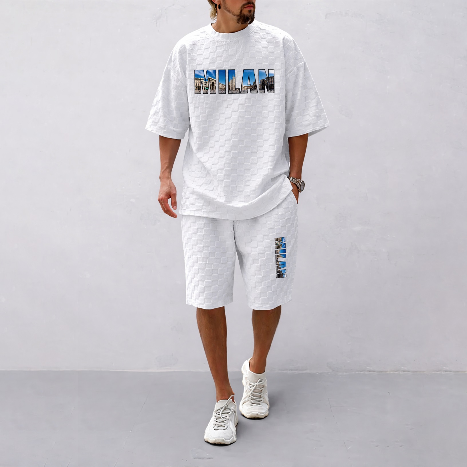Camisa Spring and Summer Milan Letter estampado Checkered Fabric Drawstring shorts Set, casual Summer Outfit with de manga corta and shorts, Ideal for Everyday Wear and Sports Activities para hombre