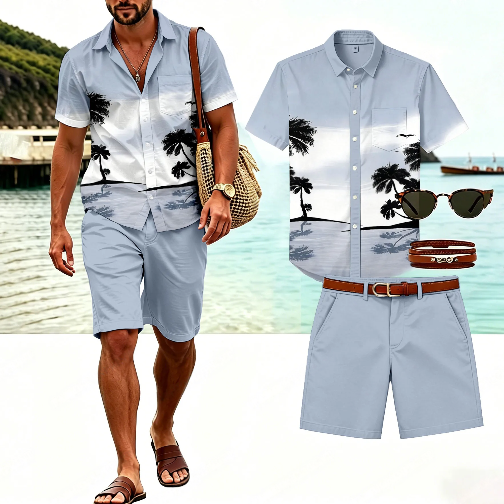 Conjunto de dos piezas casual de manga corta camisa And shorts (Excluding Bag, Belt, Sunglasses And Accessories) para hombre