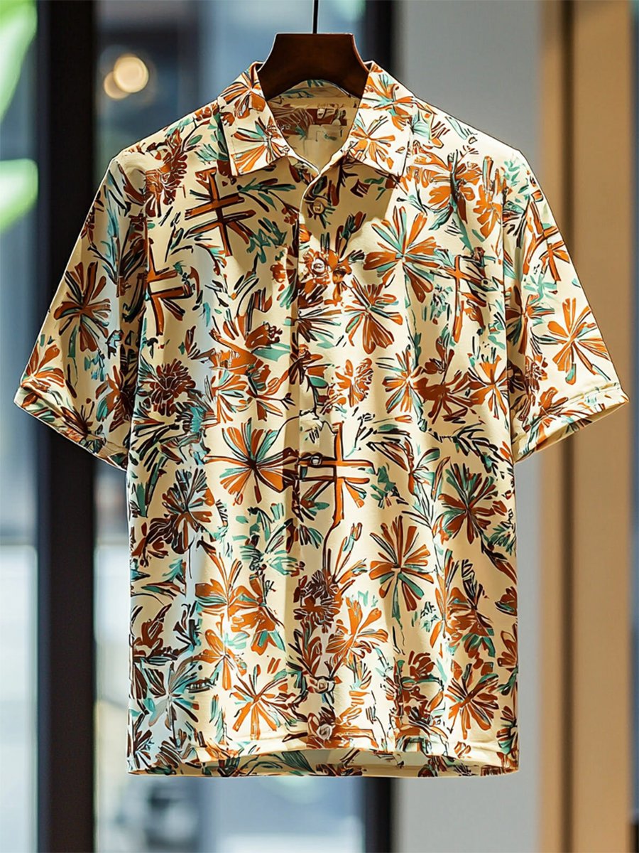 Camisa polo ejecutivo casual Cross estampado Button de manga corta para hombre