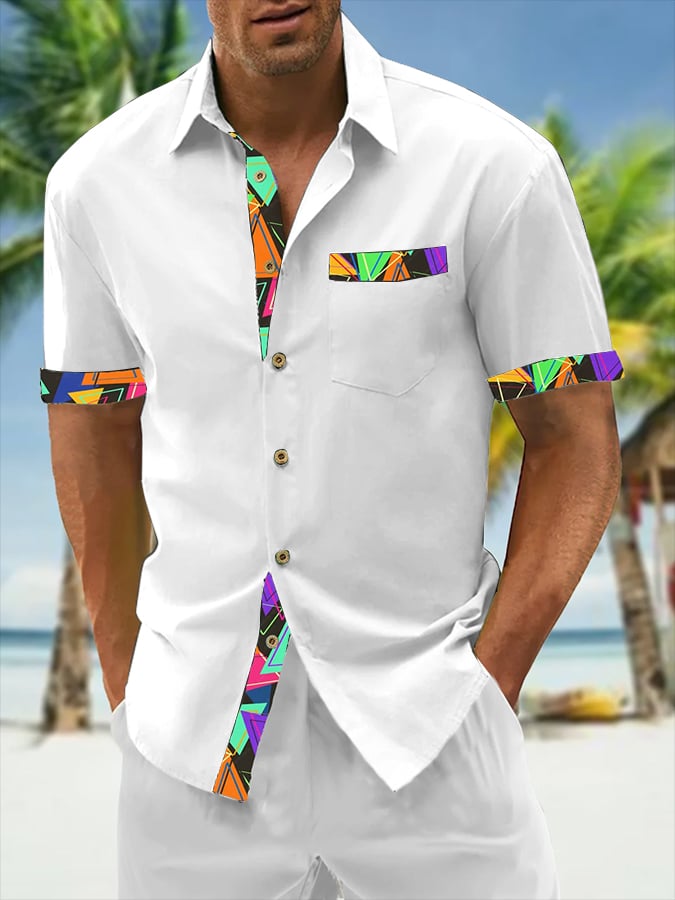 Camisa Resort Style Contrast estampado casual de manga corta para hombre