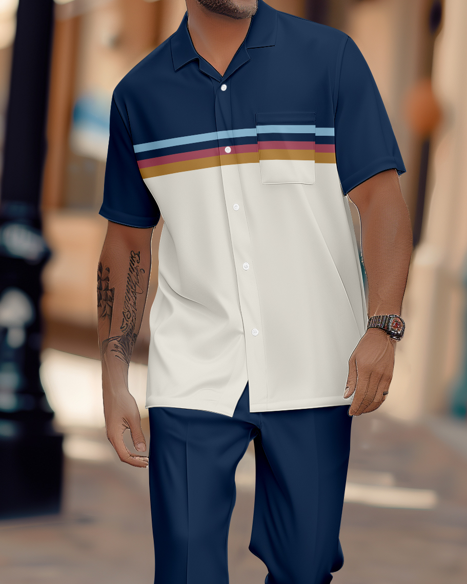 Camisa retro colorblock estampado de manga corta walking Suit 1078 para hombre