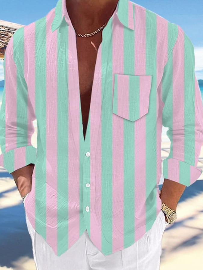 Camisa Pink a rayas Abstract Art de manga larga para hombre
