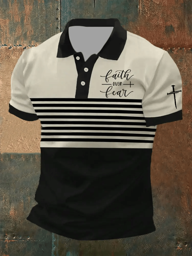 Camisa polo retro Faith “Faith Over Fear�? casual estampado para hombre