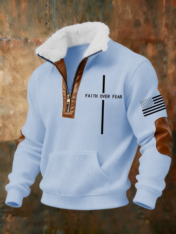 para hombre retro Faith Cross Print Zipper Fur Collar de manga larga Sweacamiseta