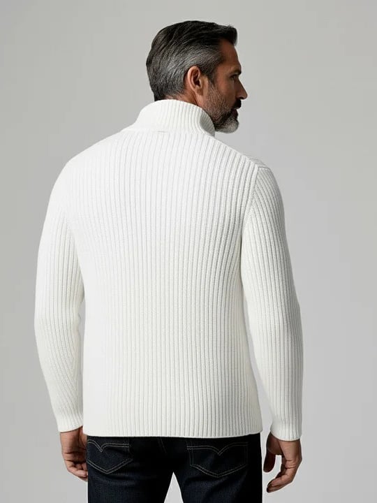 Chaqueta White Stand cuello de manga larga Button acanalado tejido Sweater para hombre