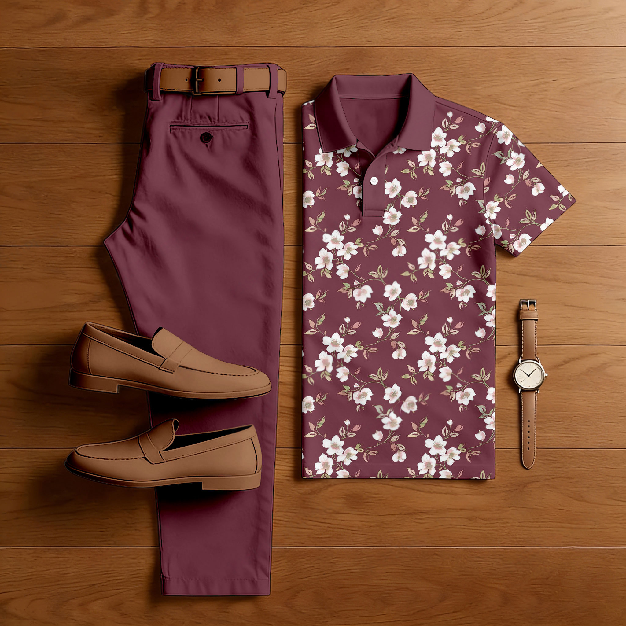 Conjunto de dos piezas casual Reddish-Brown estampado camisa polo And pantalón para hombre