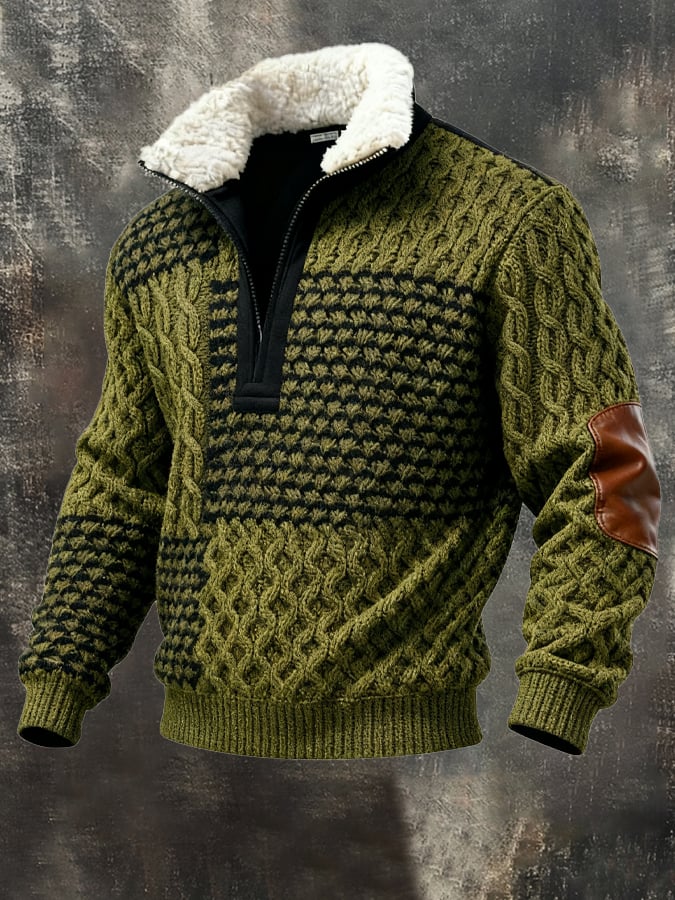 Sudadera retro en bloques de color estampado casual Fur cuello para hombre