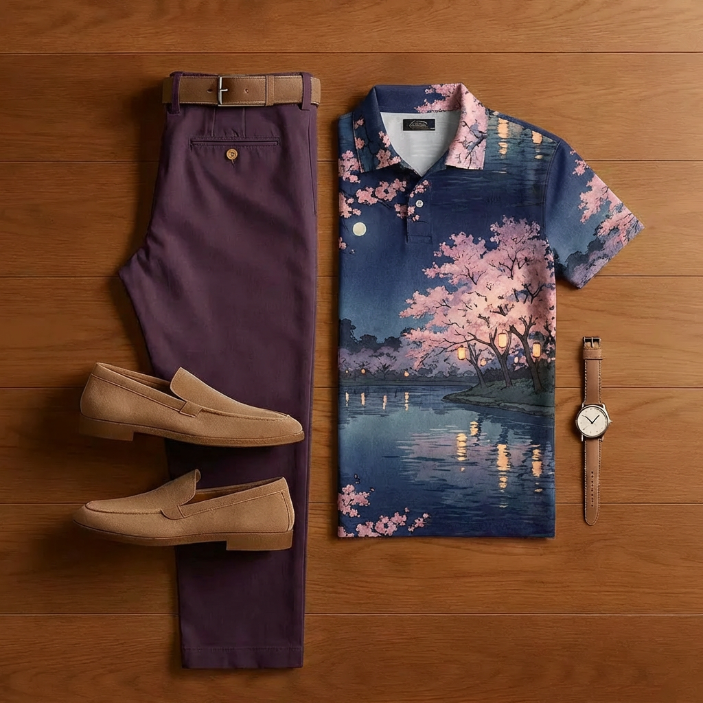 Conjunto de dos piezas retro Dark Gray estampado de manga corta camisa And Trousers para hombre
