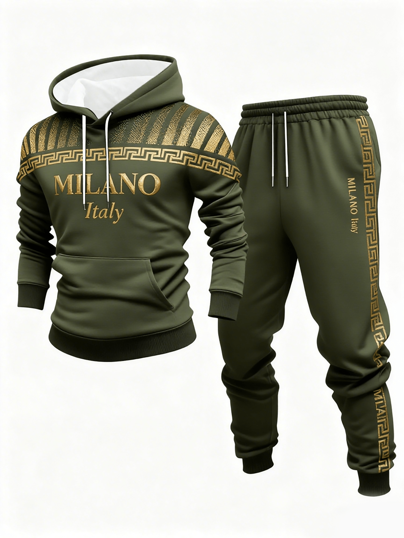 Conjunto de dos piezas casual Gold & Army Green Color Matching estampado sudadera con capuchas de manga larga sudaderas & Sweatpantalón para hombre