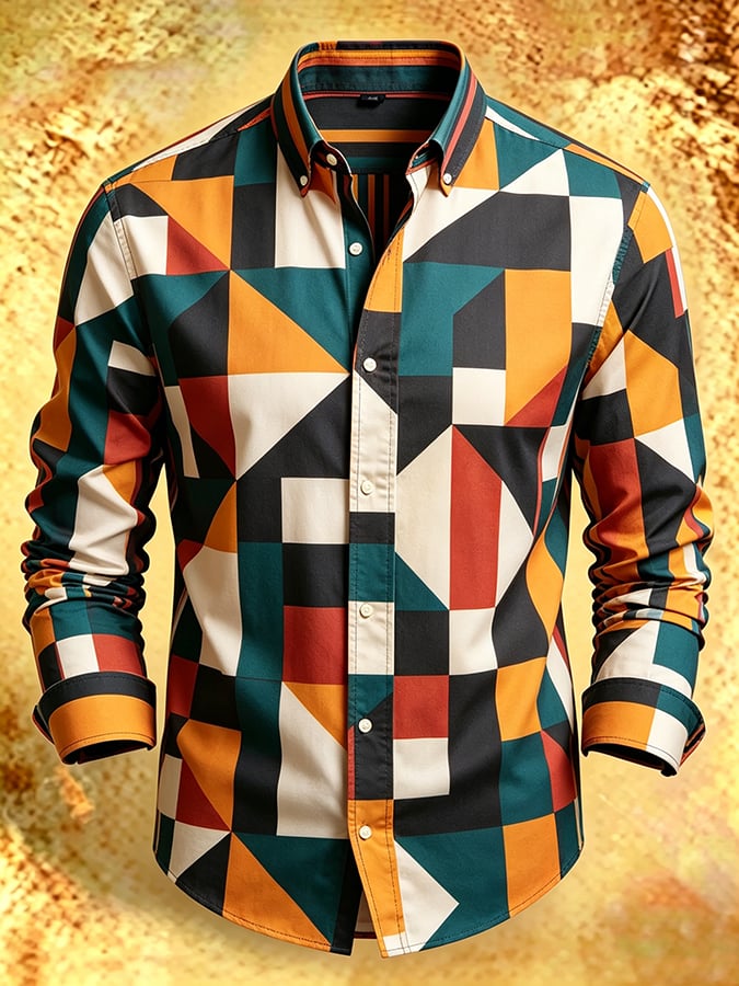 Camisa retro Abstract Art estampado Comfortable ejecutivo Style para hombre
