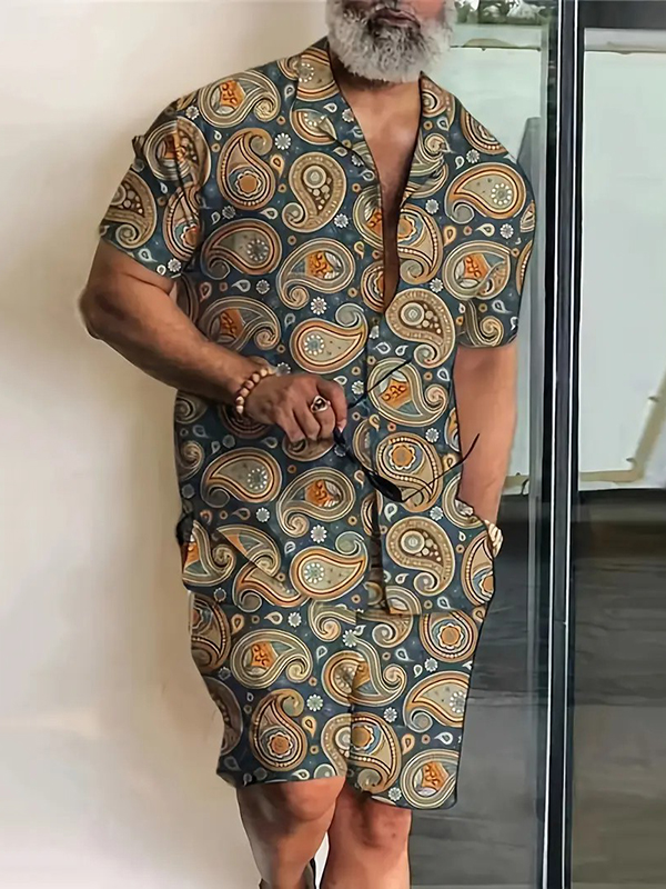 Conjunto de dos piezas Hawaii Vacation estampado Lapel Collar de manga corta para hombre