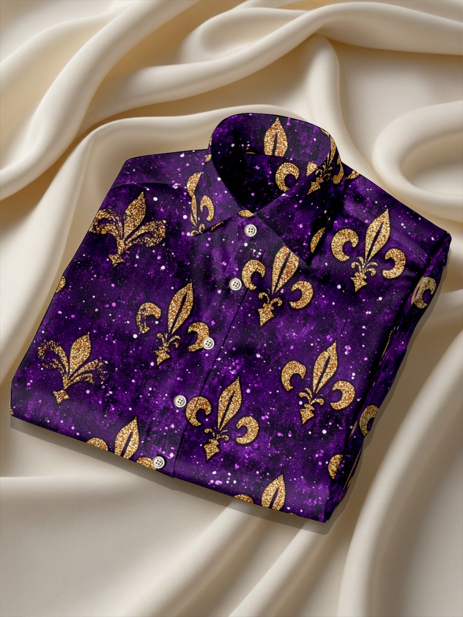 Camisa Purple Carnival Theme de lujo seda de manga larga para hombre