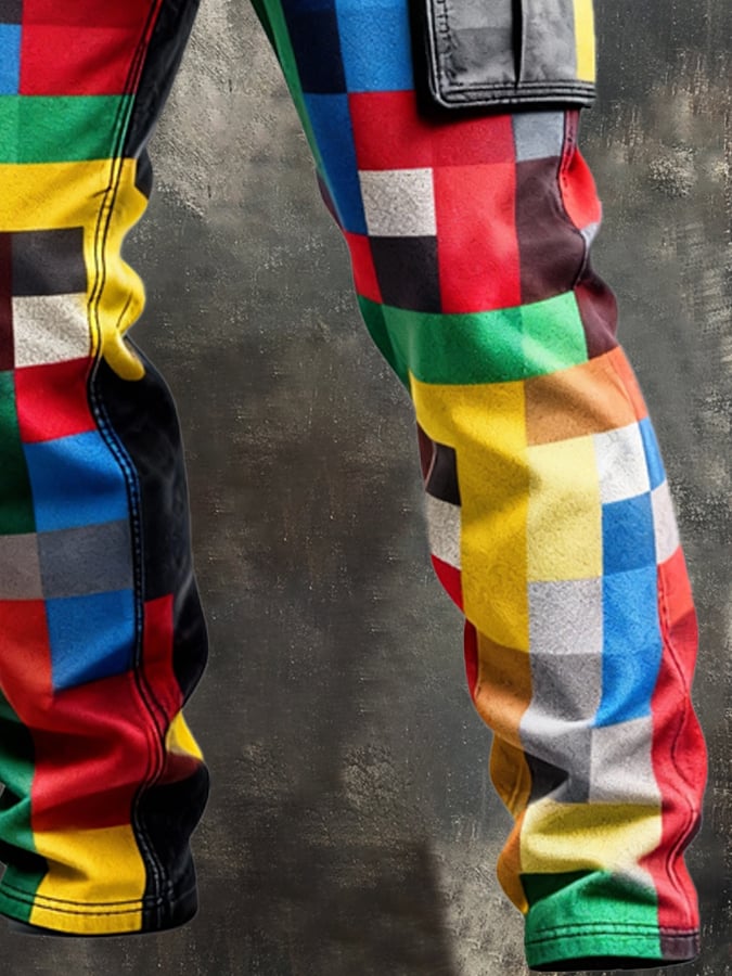 Pantalón retro en bloques de color desgastado bolsillo Cargo para hombre