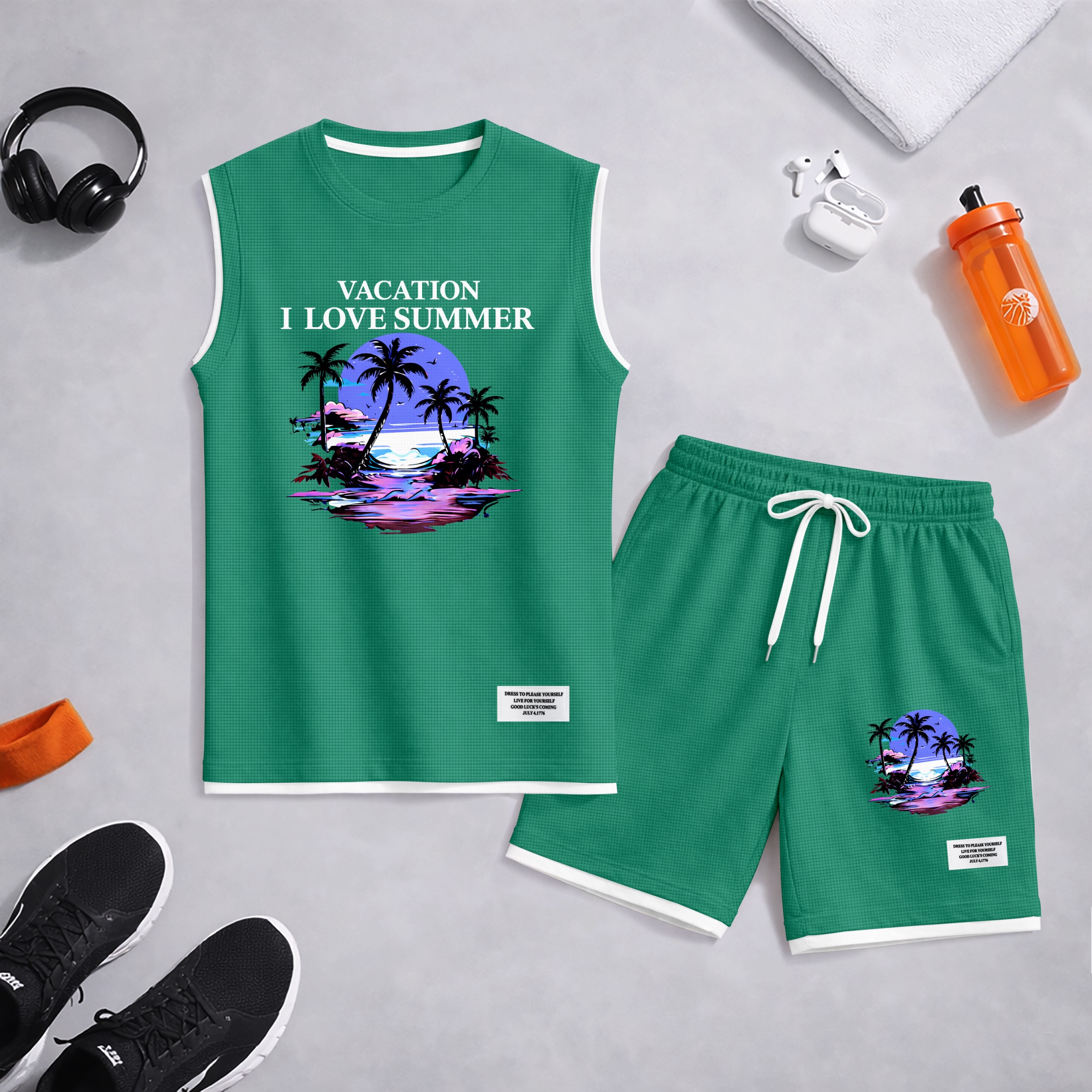 Shorts Tropical Beach Graphic estampado Summer Set Sleeveless Tank Top & Matching Outfit, Vacation Island estampado Lightweight casual Streetwear Set for Everyday & Holiday para hombre