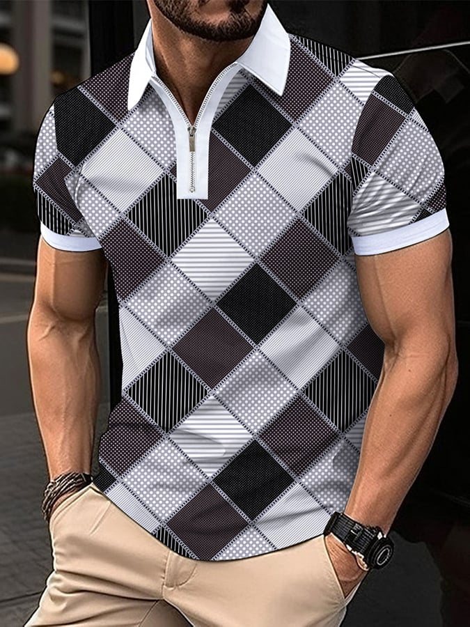Camisa polo retro a cuadros estampado casual para hombre