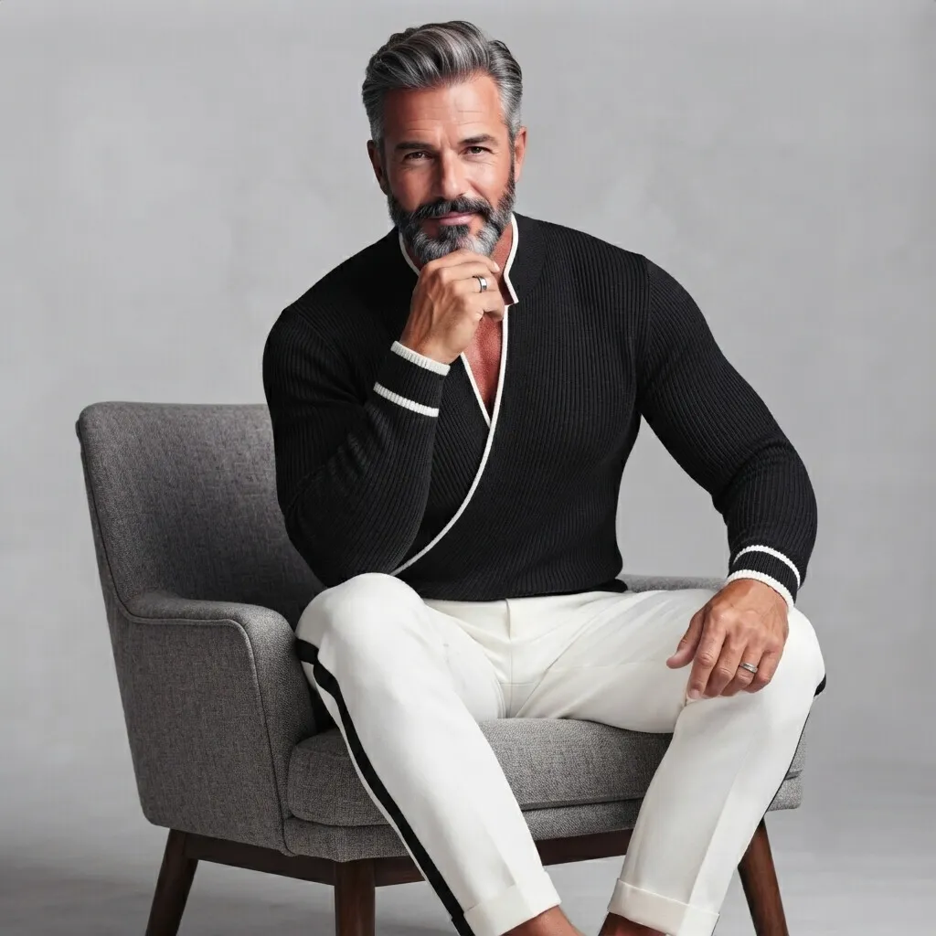 para hombre Black Ribbed tejido Stand Collar Contrast Piping de corte entallado Wrapped Sweater