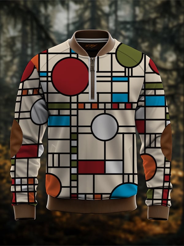 Sudadera retro Contrast en bloques de color estampado Zip-Neck para hombre