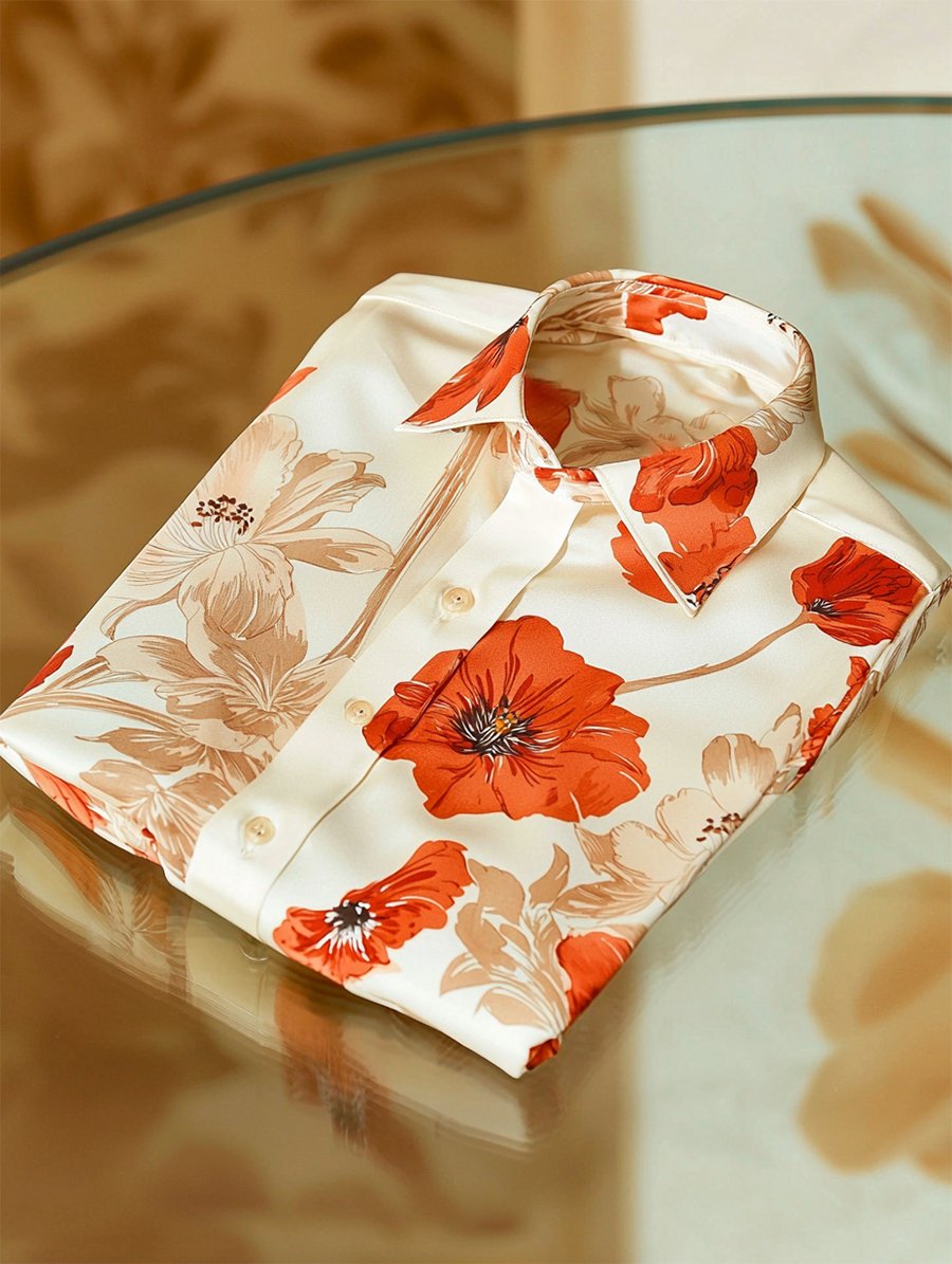 Camisa satén Luxe hawaiano estampado de manga corta Button para hombre