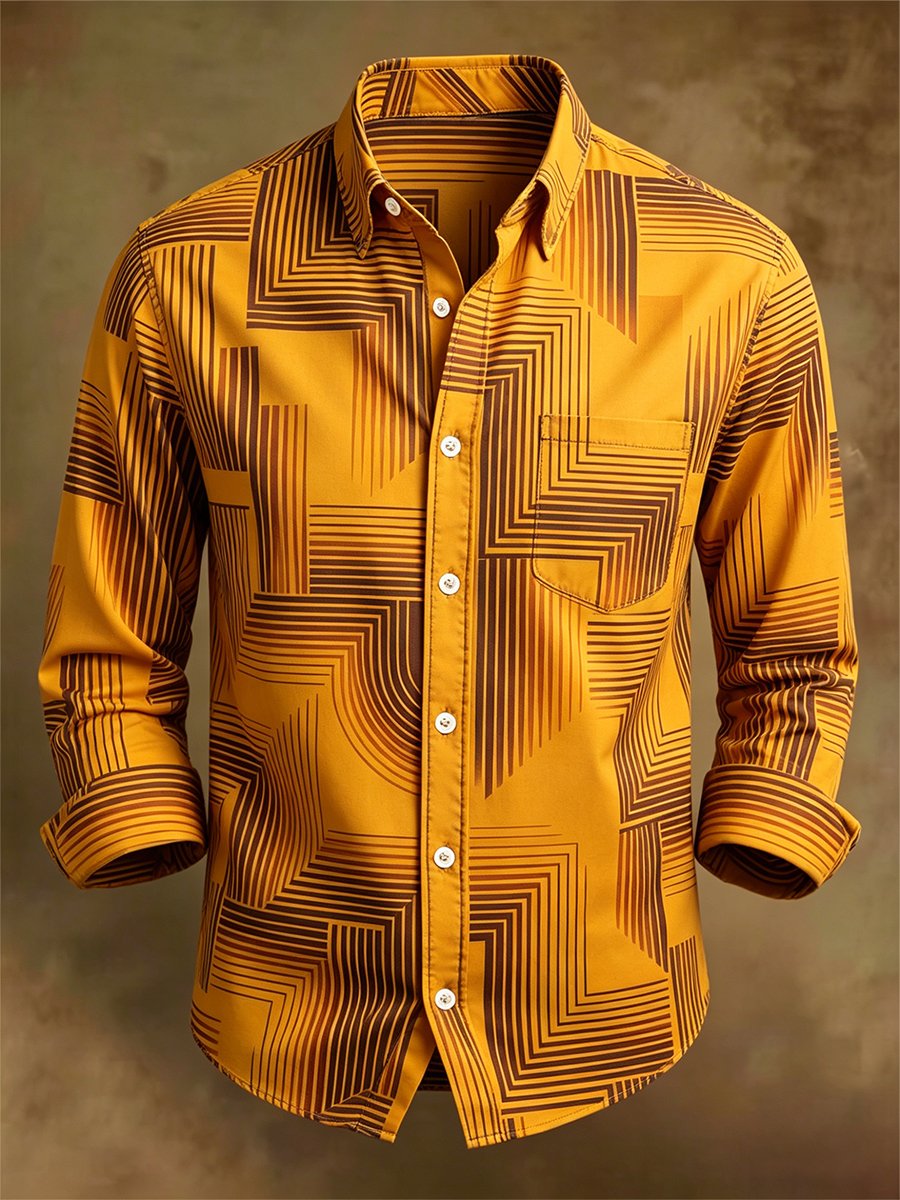 Camisa retro ejecutivo Bag House Geometric de manga larga para hombre