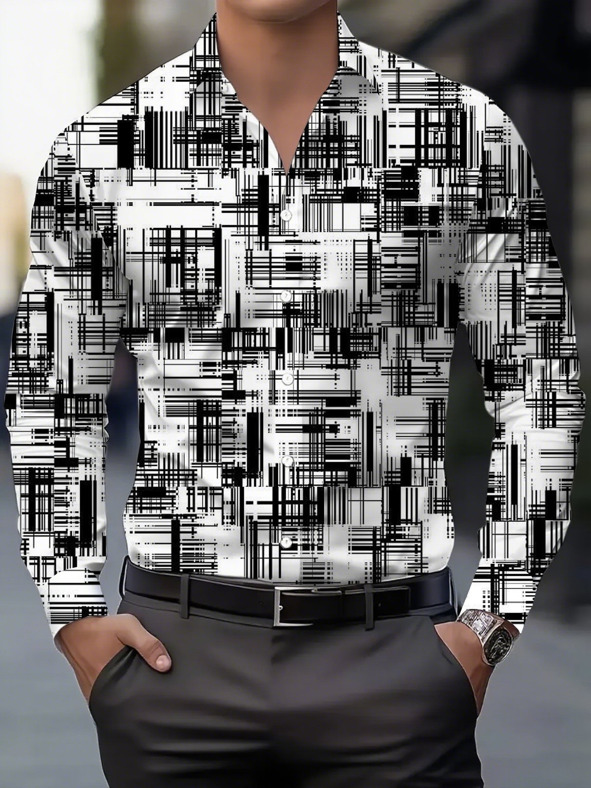 Camisa Street Style ejecutivo casual estampado de manga larga para hombre